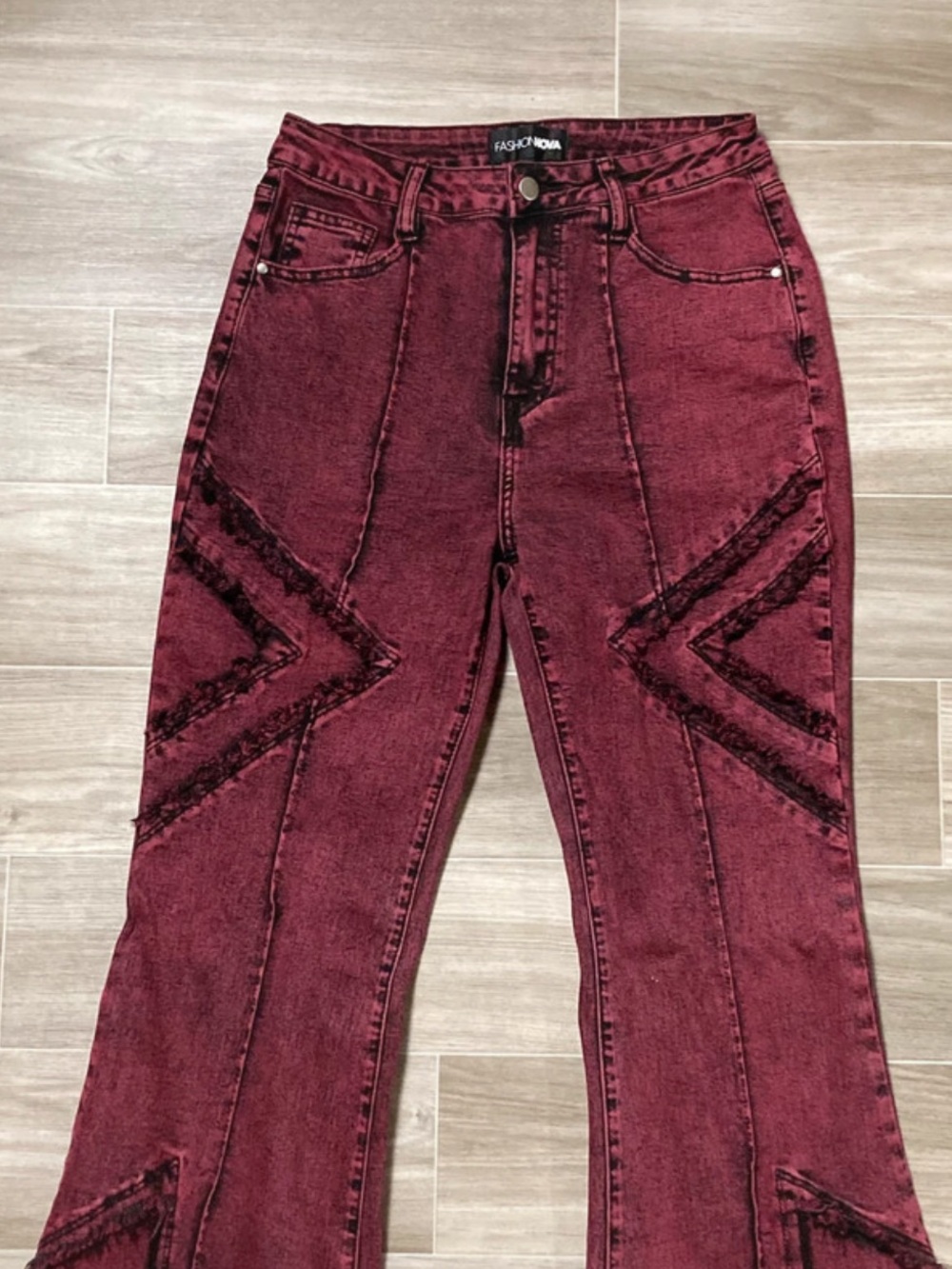 Fashion Nova Maroon Acid Wash Distressed Flare Jeans - Picture 3 of 8